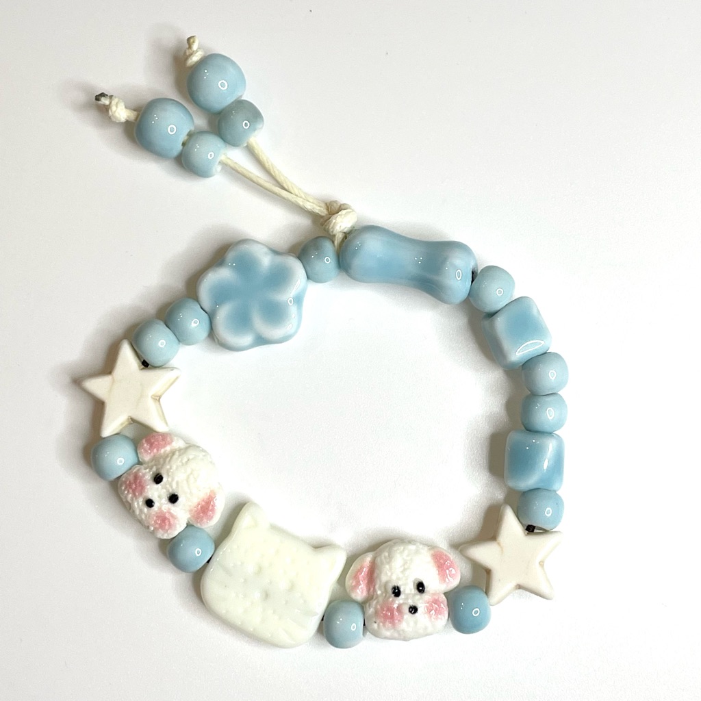 Cat Dog Blue And Star White Beaded Bracelet Unisex 14$